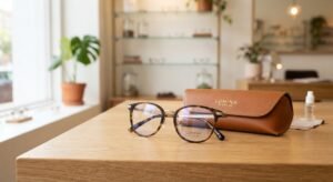 Elegantes gafas formuladas y monturas modernas de S&J Servicios de Salud exhibidas sobre una mesa de madera clara con estuche óptico, listas para despacho a domicilio en Cali y Yumbo.