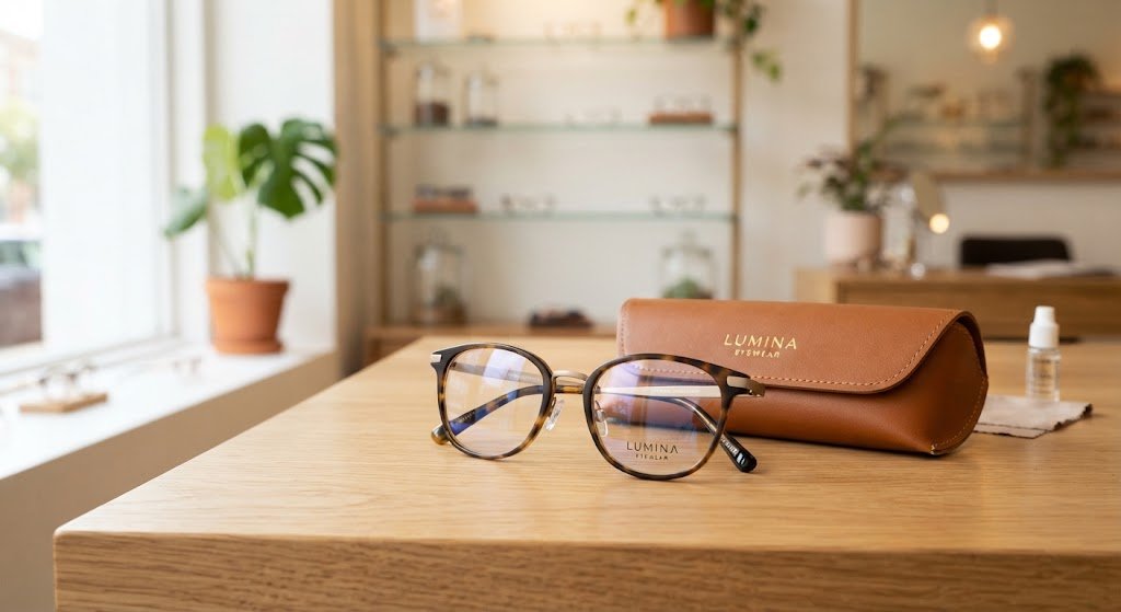 Elegantes gafas formuladas y monturas modernas de S&J Servicios de Salud exhibidas sobre una mesa de madera clara con estuche óptico, listas para despacho a domicilio en Cali y Yumbo.