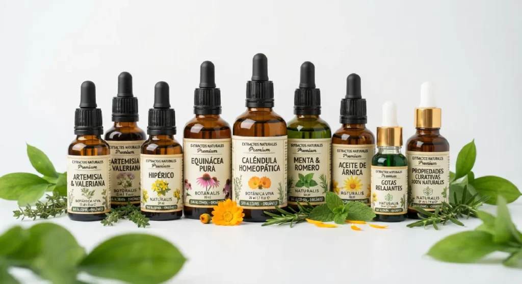 Frascos de extractos de medicina natural y homeopática de alta calidad sobre fondo blanco limpio, parte del catálogo de bienestar integral de S&J Servicios de Salud